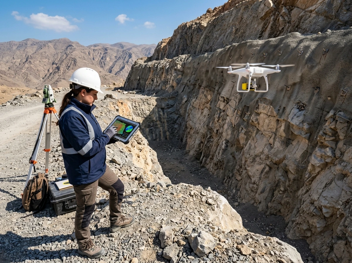 Contact-free digital geotechnics using professional survey drone and field tablet displaying 3D rock-mass point cloud and kinematic discontinuity mapping on UAE rock face