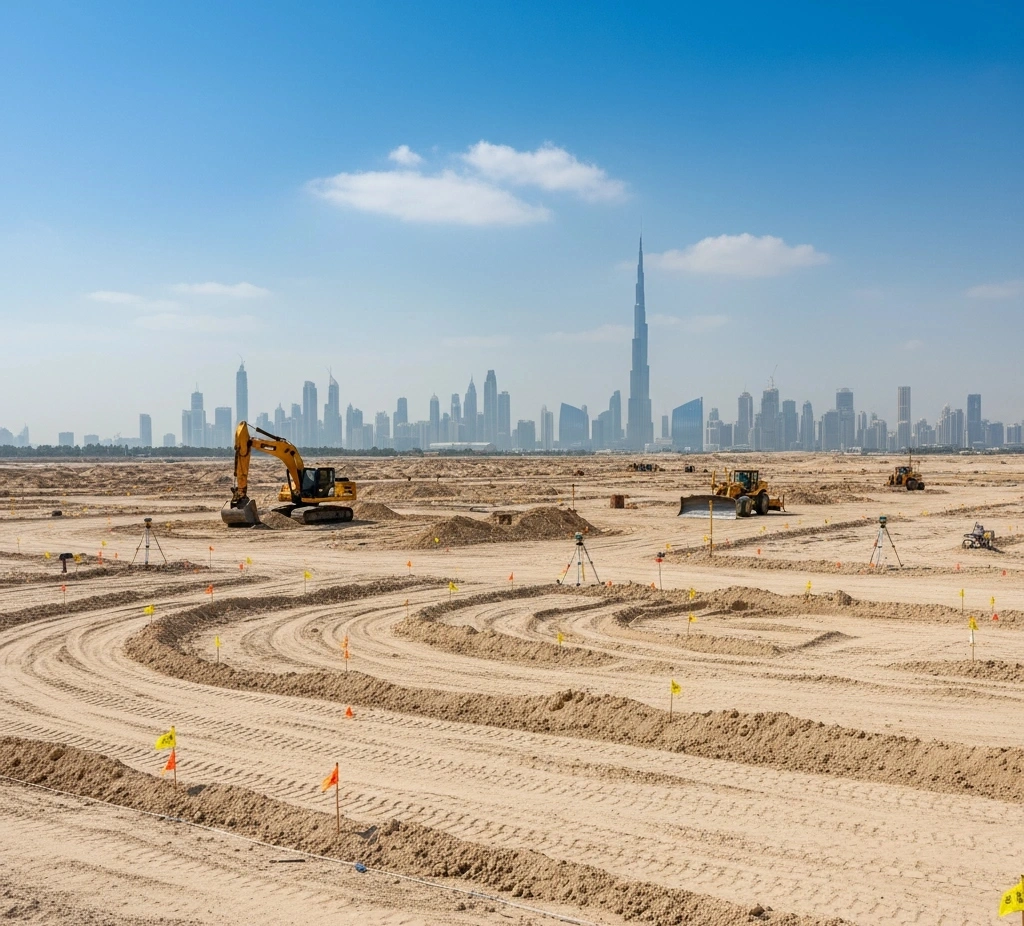 Extensive site grading, cut-and-fill earthworks, and surveying operations with excavators and bulldozers against the Dubai Downtown skyline