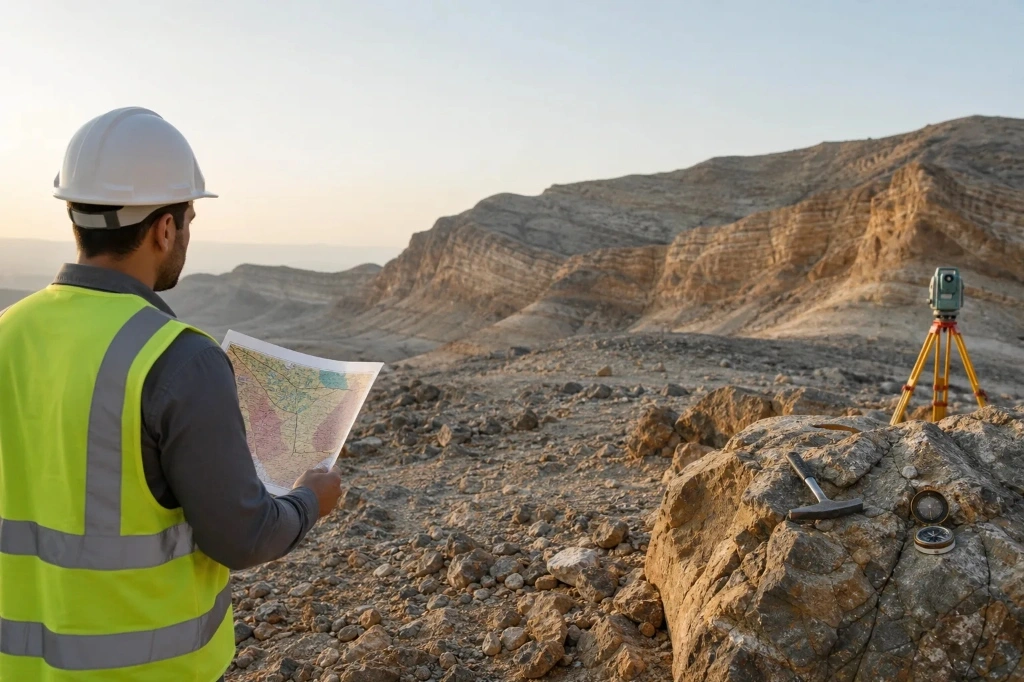 Engineering geologist in safety helmet with geological map, compass, and rock hammer surveying mountain strata and fault structures with total station